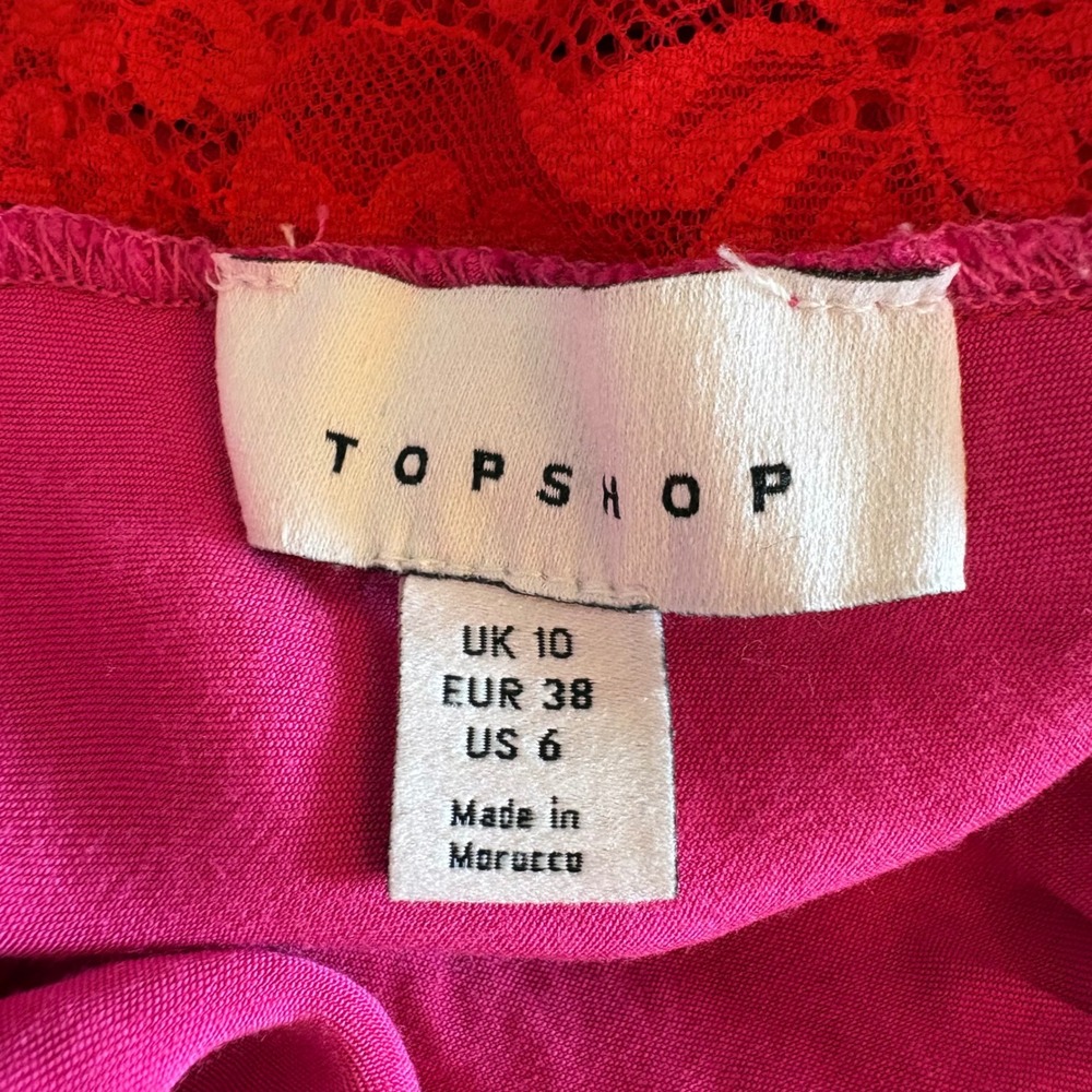Topshop Hot Pink Satin Red Lace Maxi Nightgown Slip Dress Side Slit Fuchsia SZ 6 - Picture 10 of 13